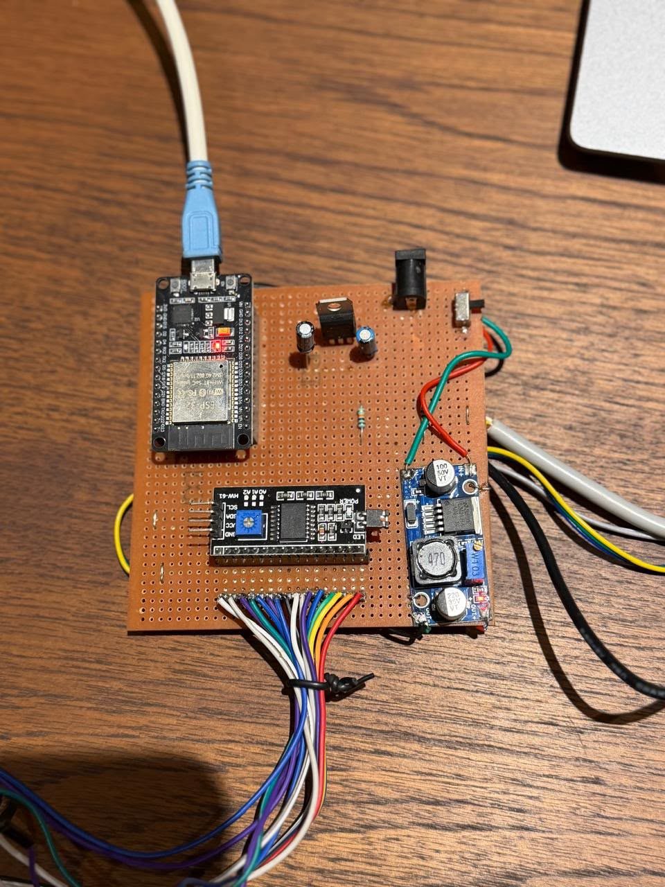 Close-up of the hand-built ESP32 circuit board with its wiring